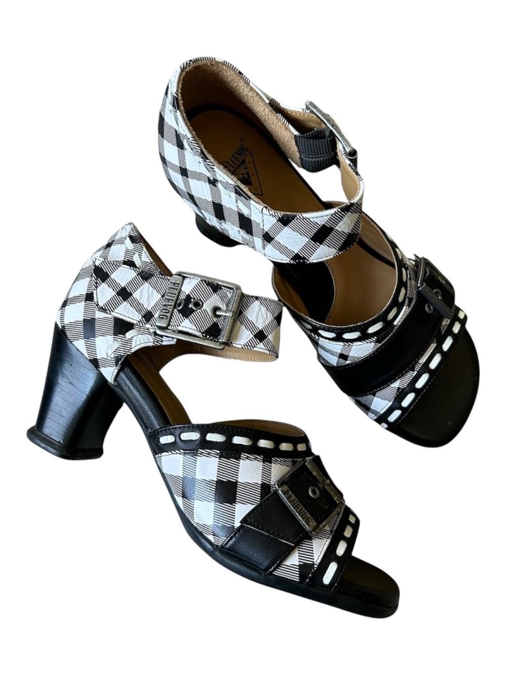 John Fluevog Operetta Renee Buckle Sandal Black / White Plaid Size 7